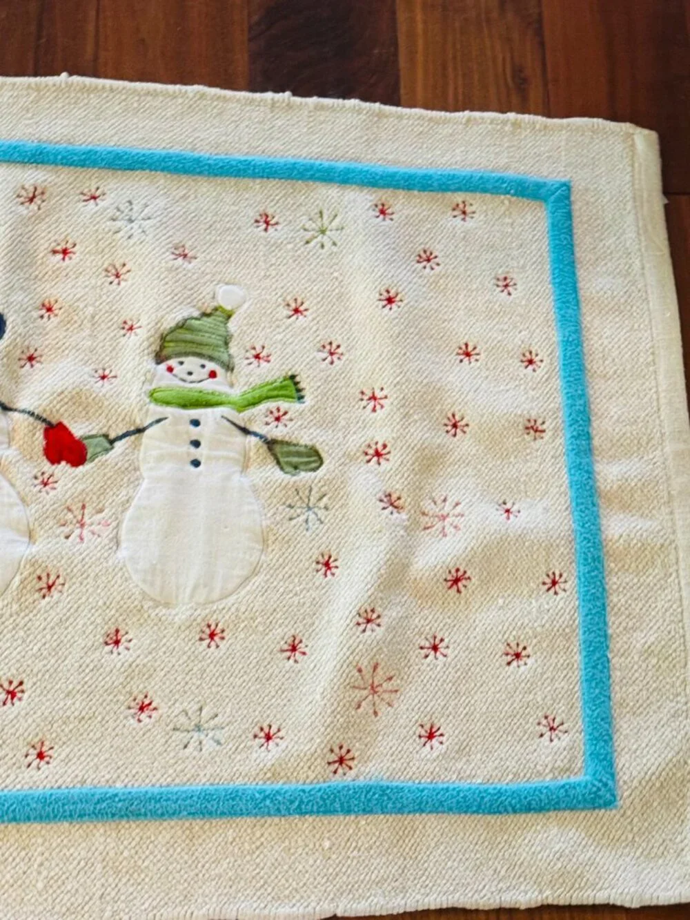Christmas Bath Mat Embroidery Snowman Cotton Holiday Decor Wish for Joy India
